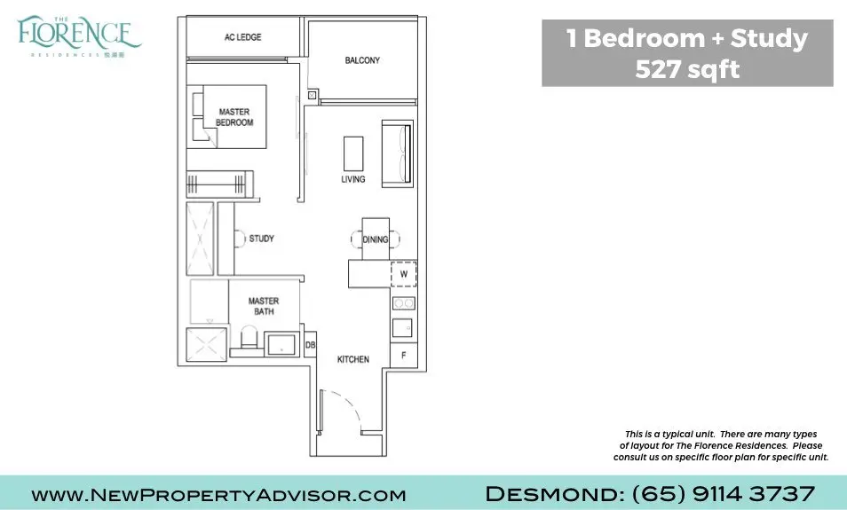 Florence Residences Singapore Floor Plan One Bedroom and Study