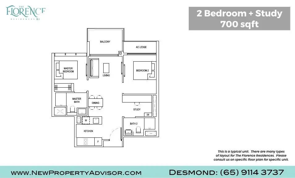 Florence Residences Singapore Floor Plan Two Bedroom and Study